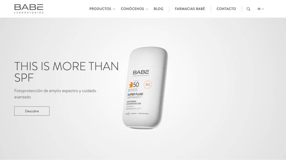 Captura de la tienda oficial de Laboratorios BABÉ, especialista en fotoprotección facial y corporal.