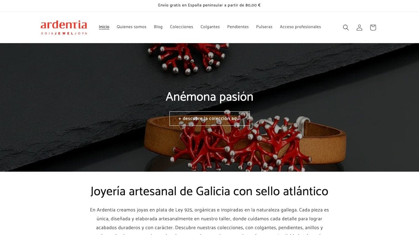 Captura de Ardentia, tienda online especialista en pulseras de plata 925.