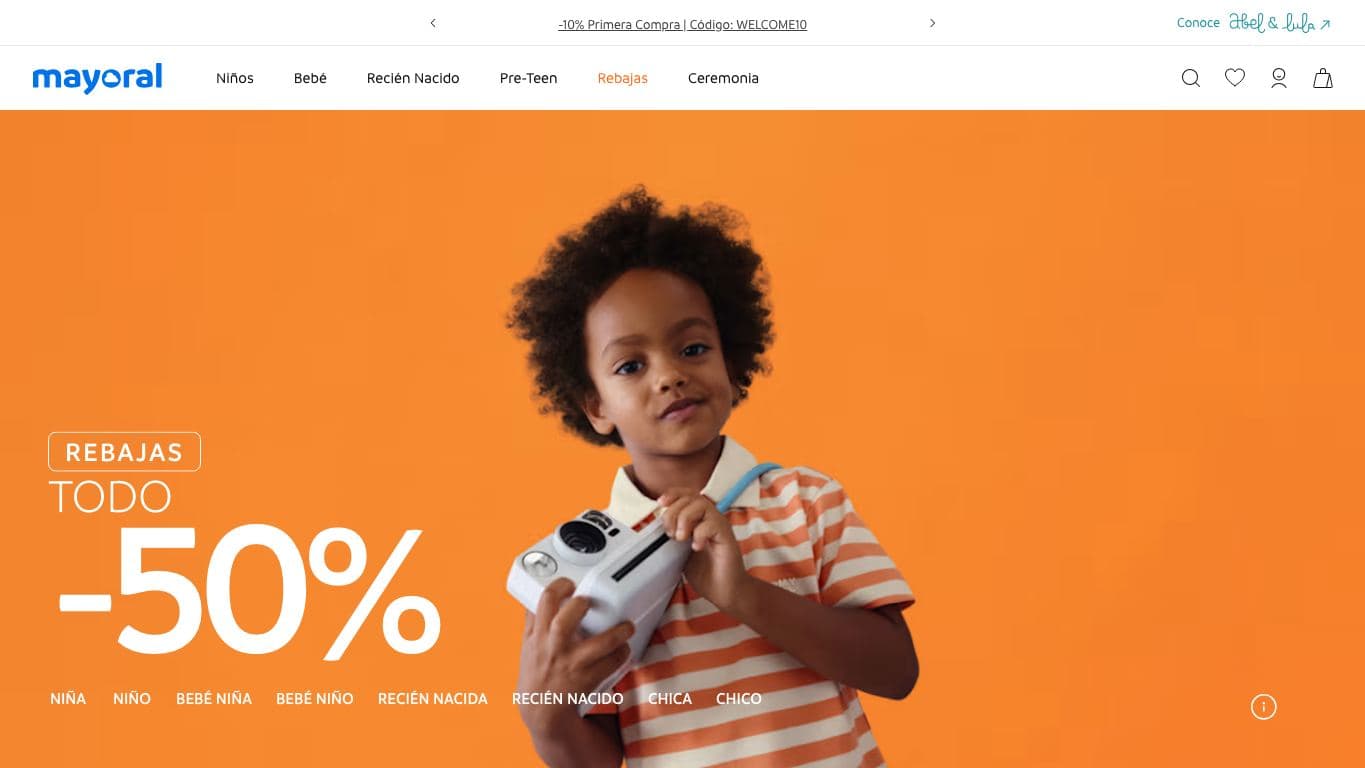 Captura de la home de Mayoral, tienda online de ropa infantil.