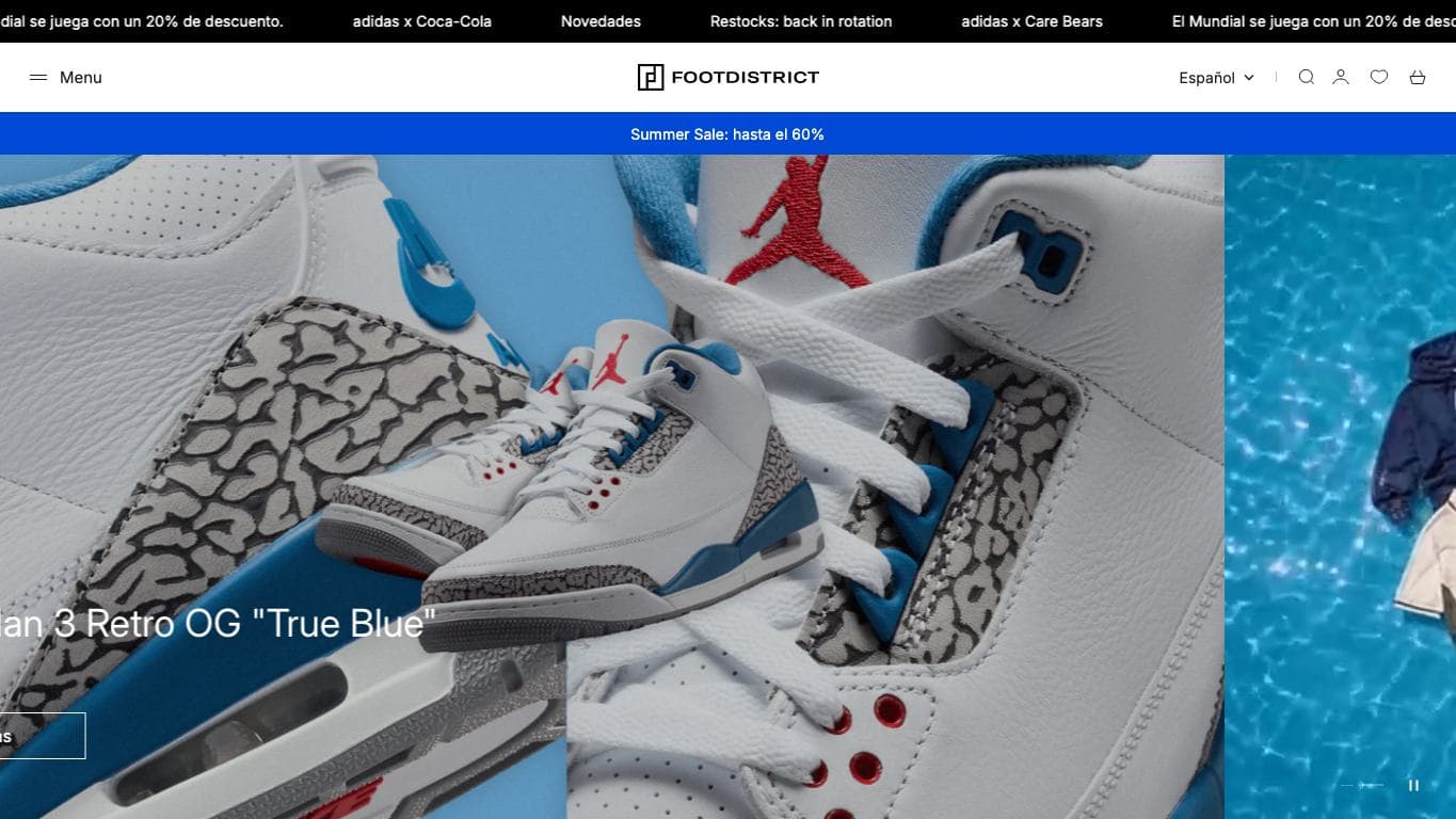 Captura de FOOTDISTRICT, tienda online especializada en sneakers y streetwear.