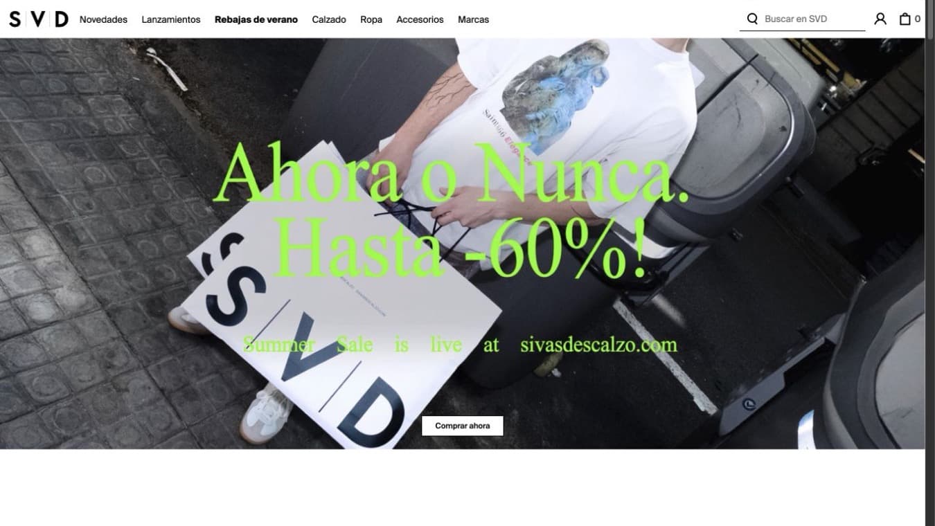 Captura de la home de SVD, tienda online multimarca de streetwear y zapatillas.