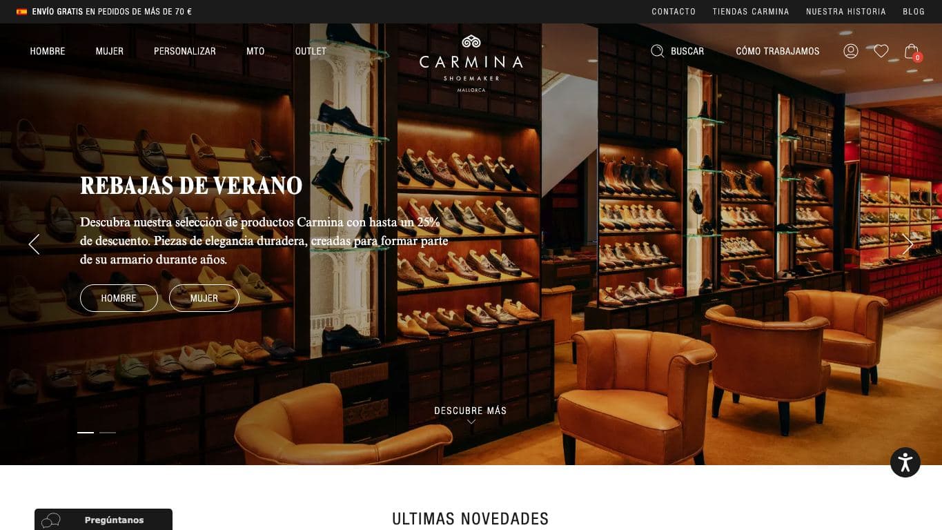 Captura de la home de Carmina Shoemaker, tienda oficial de zapatos elegantes.