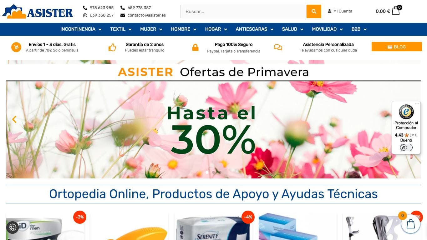 Captura de la home de Asister, tienda de movilidad y apoyo.