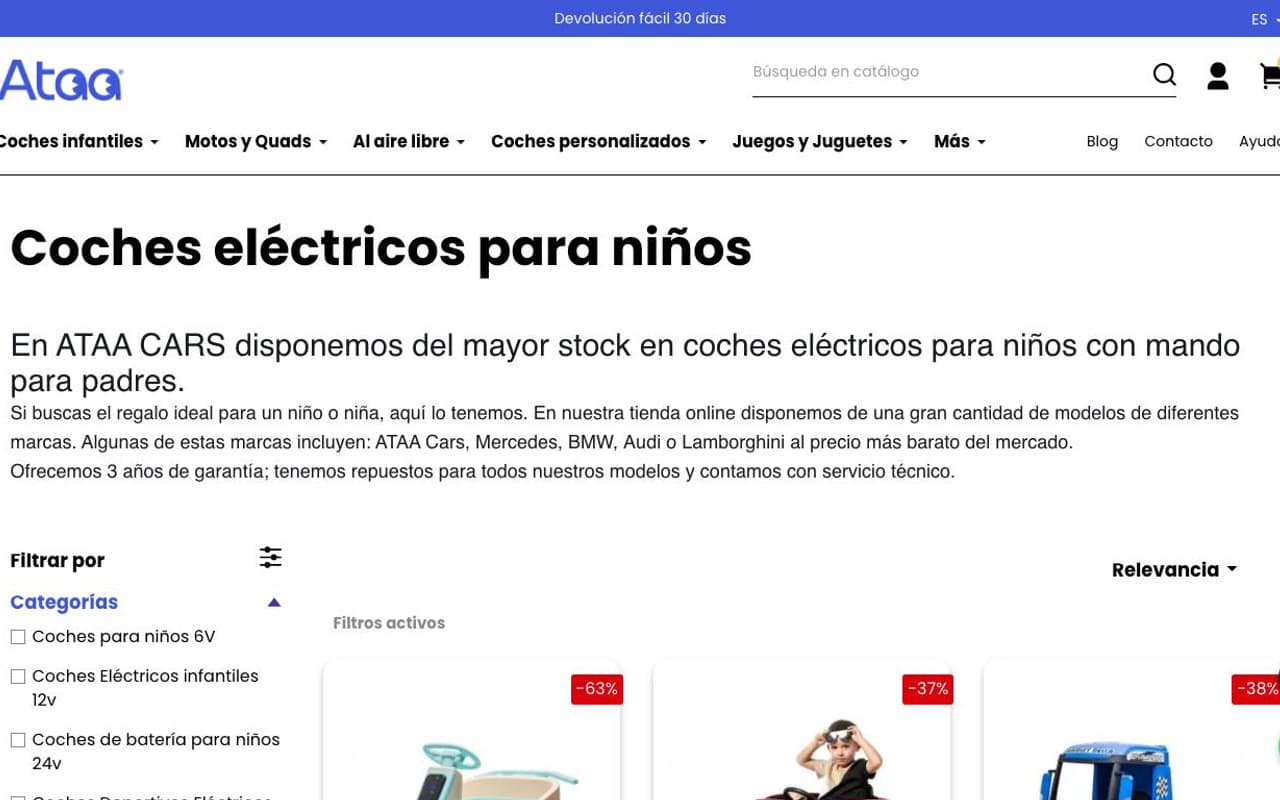 Captura de la home de Ataa Cars, tienda de vehículos infantiles incluida en la guía.