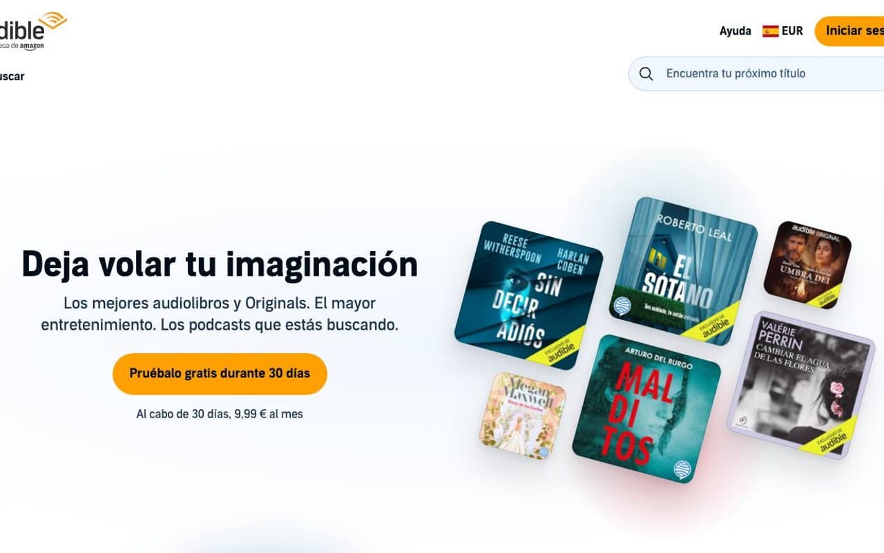 Captura limpia de la home oficial de Audible, tienda de audiolibros online.