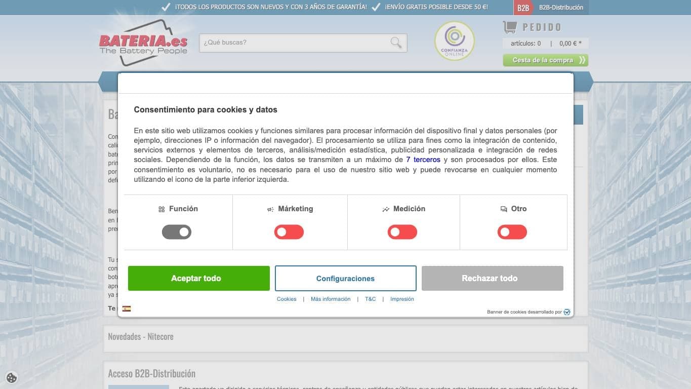 Captura de la home de Bateria.es, tienda de baterías incluida en la guía.