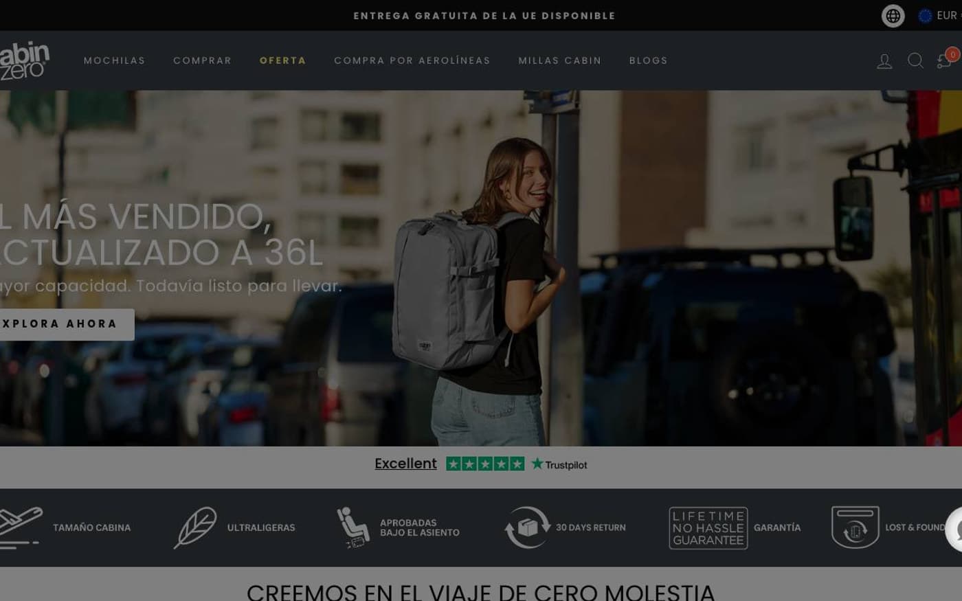 Captura limpia de la home de CabinZero, tienda especializada en equipaje de cabina.