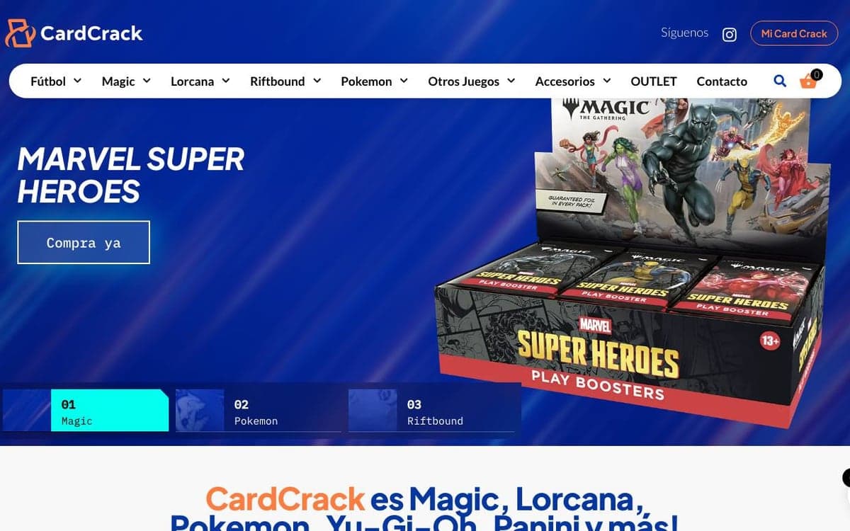 Captura limpia de la portada de CardCrack, tienda especializada en cartas TCG.