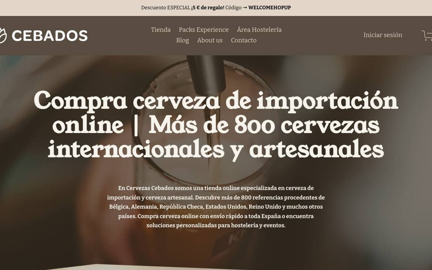 Captura de la home de Cervezas Cebados, tienda de cervezas incluida en la guía.