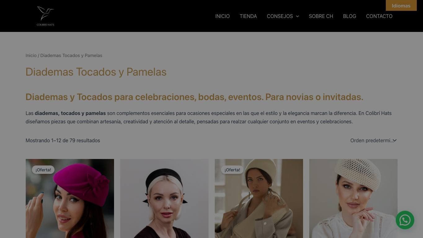 Captura limpia de la home de Colibri Hats, incluida en la guía de tiendas de tocados.