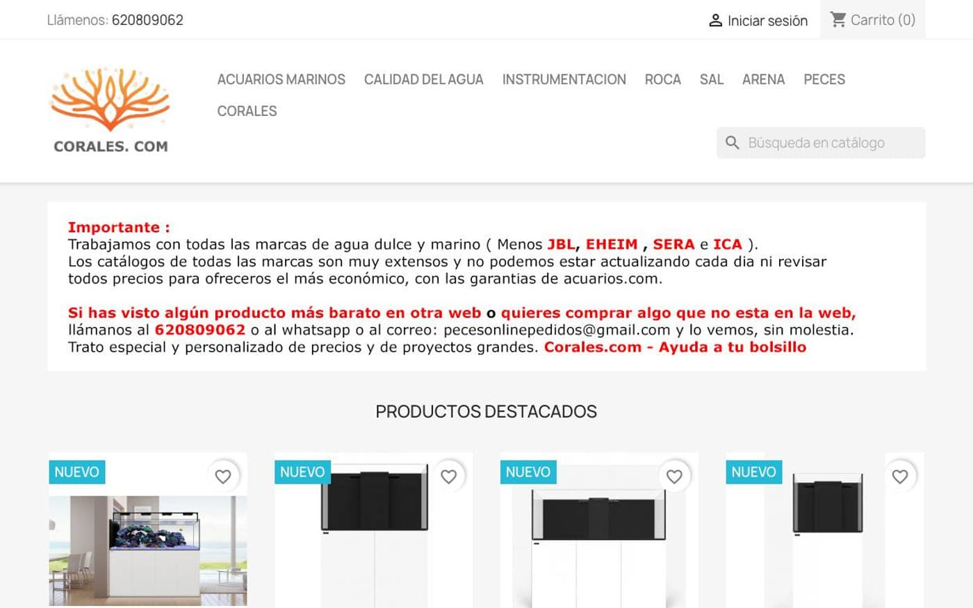 Captura de la home oficial de Corales.com incluida en la guía de acuarios.