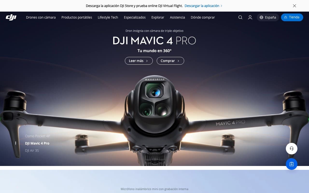 Captura limpia de la home oficial de DJI.
