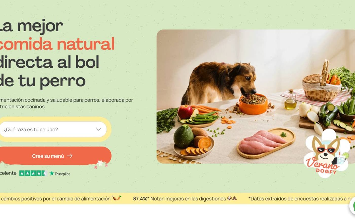 Captura de la home oficial de Dogfy Diet incluida en la guía de suscripciones para mascotas.
