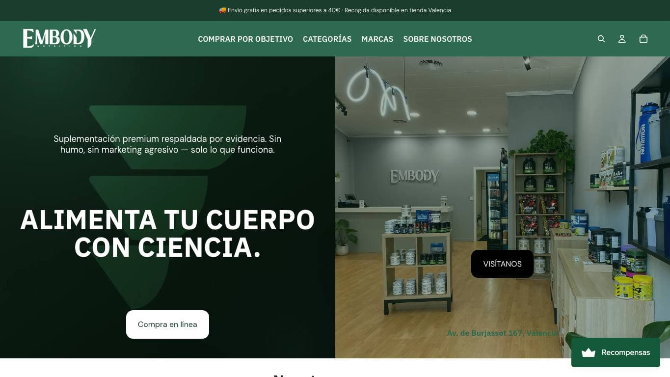 Captura limpia de la tienda online de Embody Nutri
