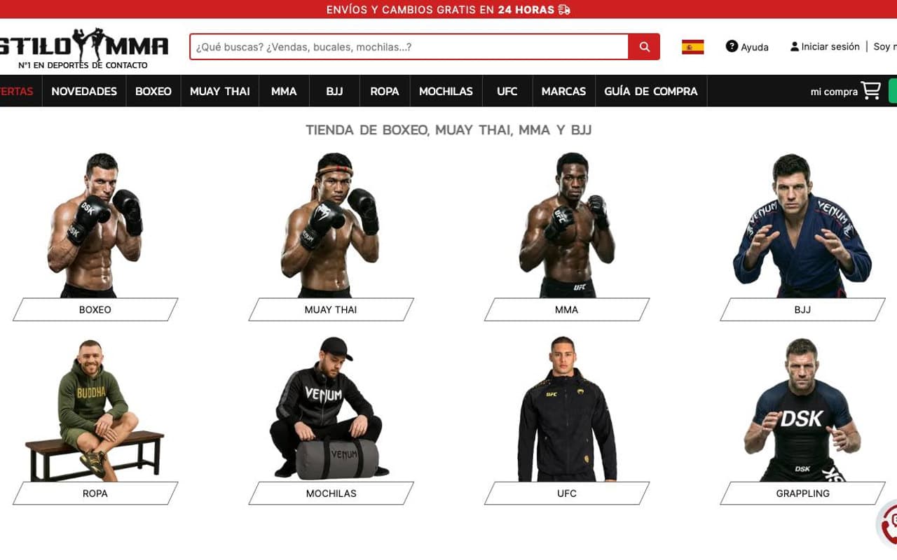 Captura de la home de Estilo MMA, tienda online especializada en boxeo.