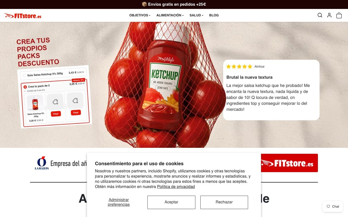 Captura limpia de la home oficial de FITstore.es, tienda de pre entreno revisada por TienRank.