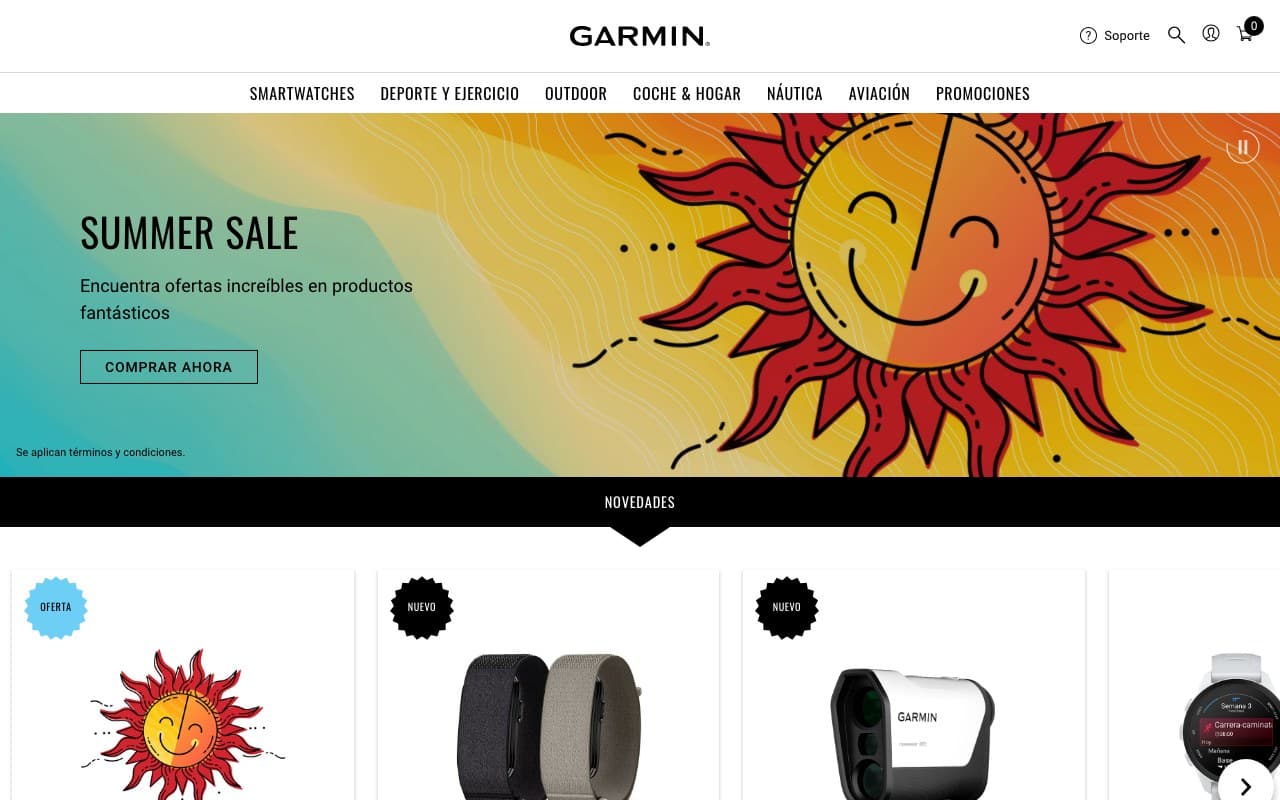 Captura limpia de la home oficial de Garmin.