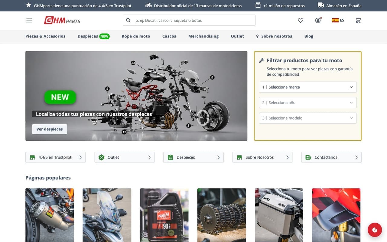 Captura limpia de una tienda oficial de recambios moto