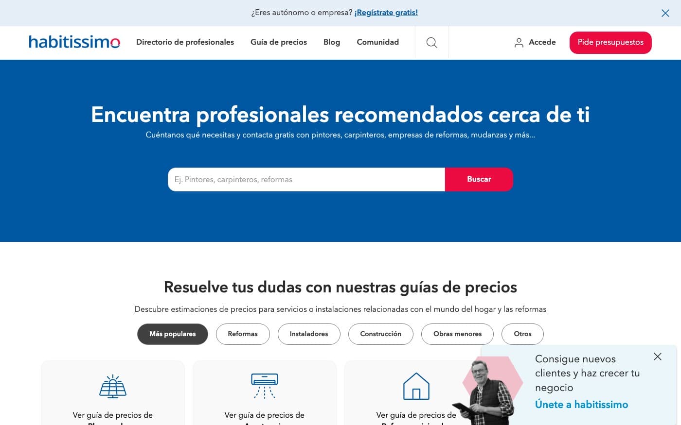 Captura de la home oficial de Habitissimo