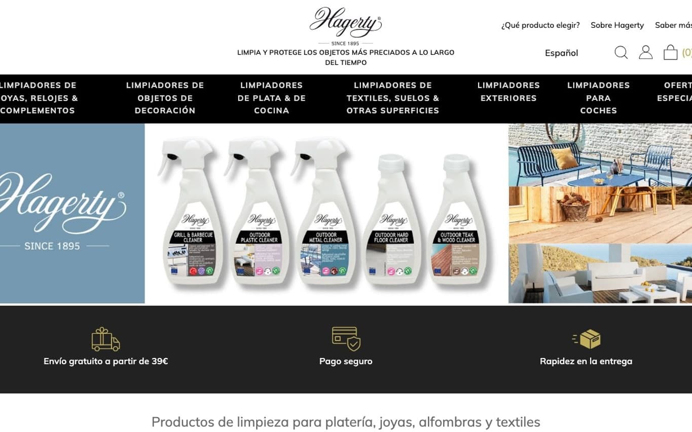Captura oficial de Hagerty España, tienda de productos para el cuidado de joyas.