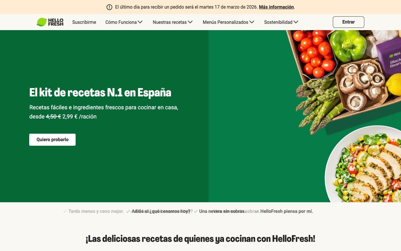 Captura de la home oficial de HelloFresh