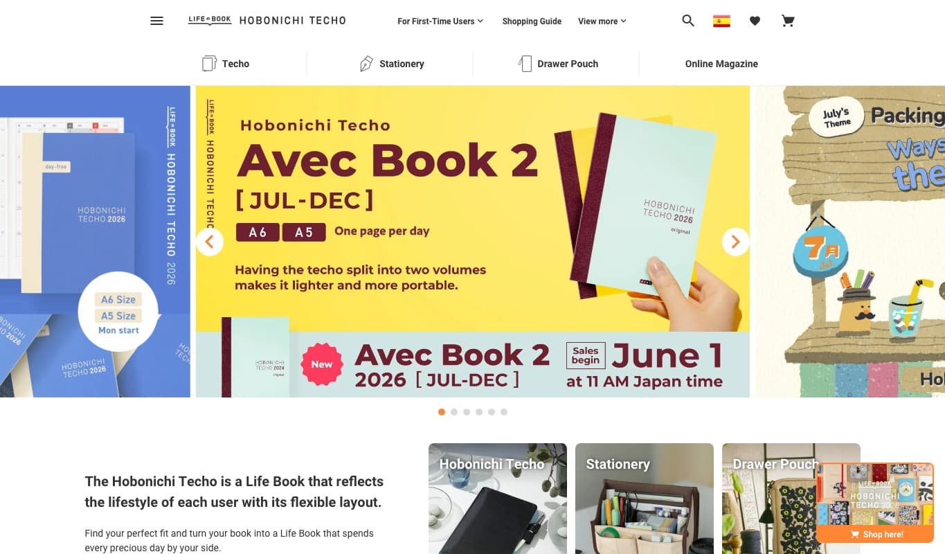 Captura limpia de la web oficial de Hobonichi Techo, tienda especializada en planificadores.