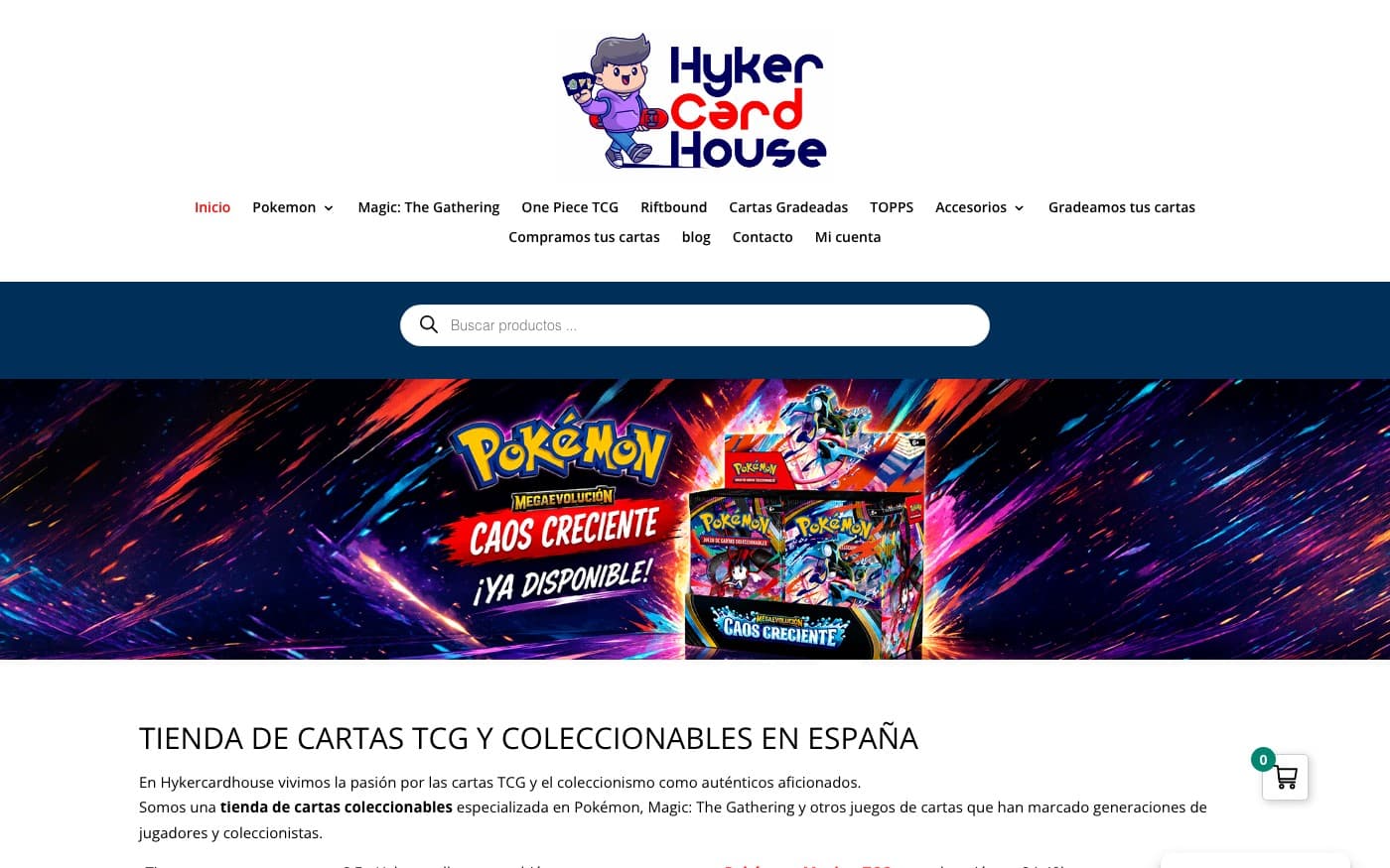 Captura limpia de la home oficial de Hykercardhouse TCG.