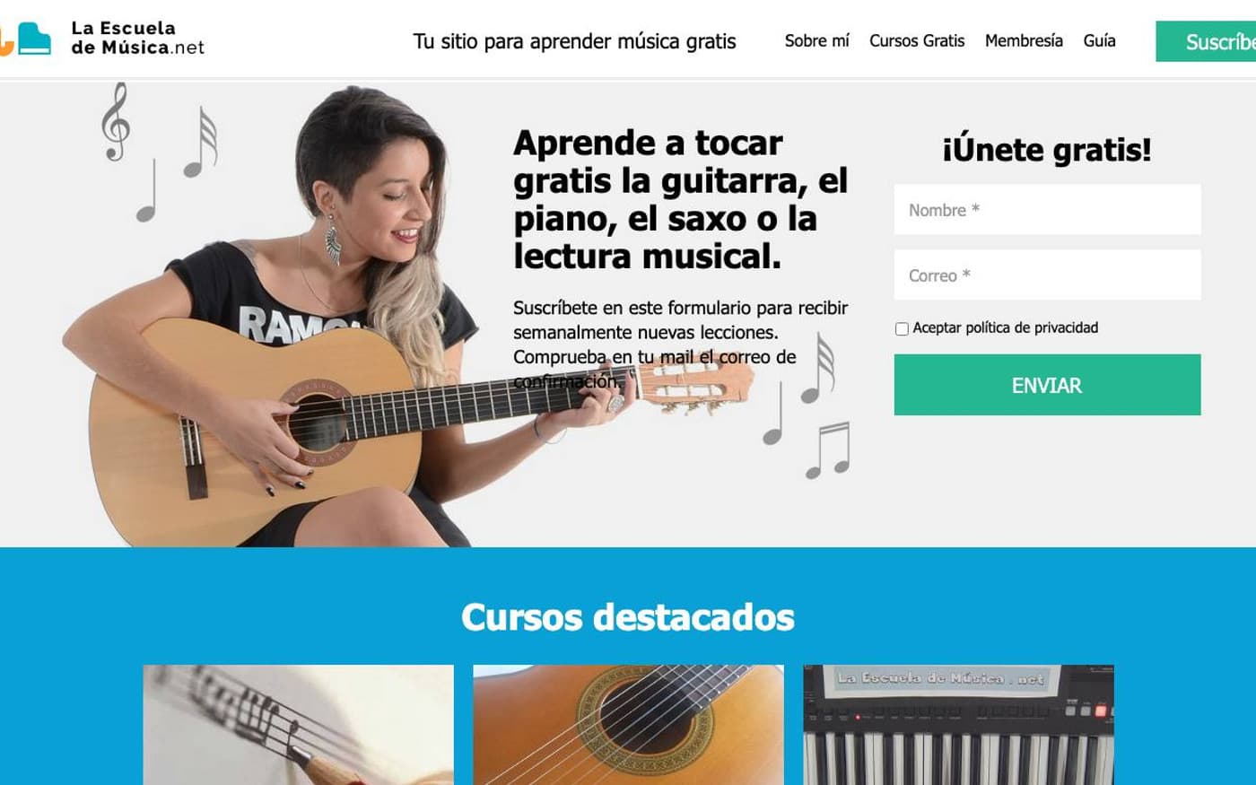Captura de la home de La Escuela de Música online