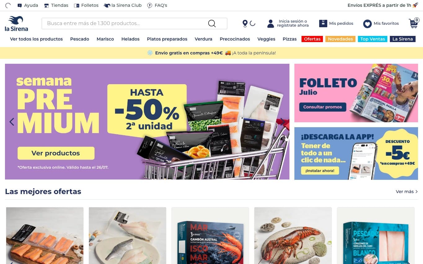 Captura oficial de La Sirena, tienda online de congelados.