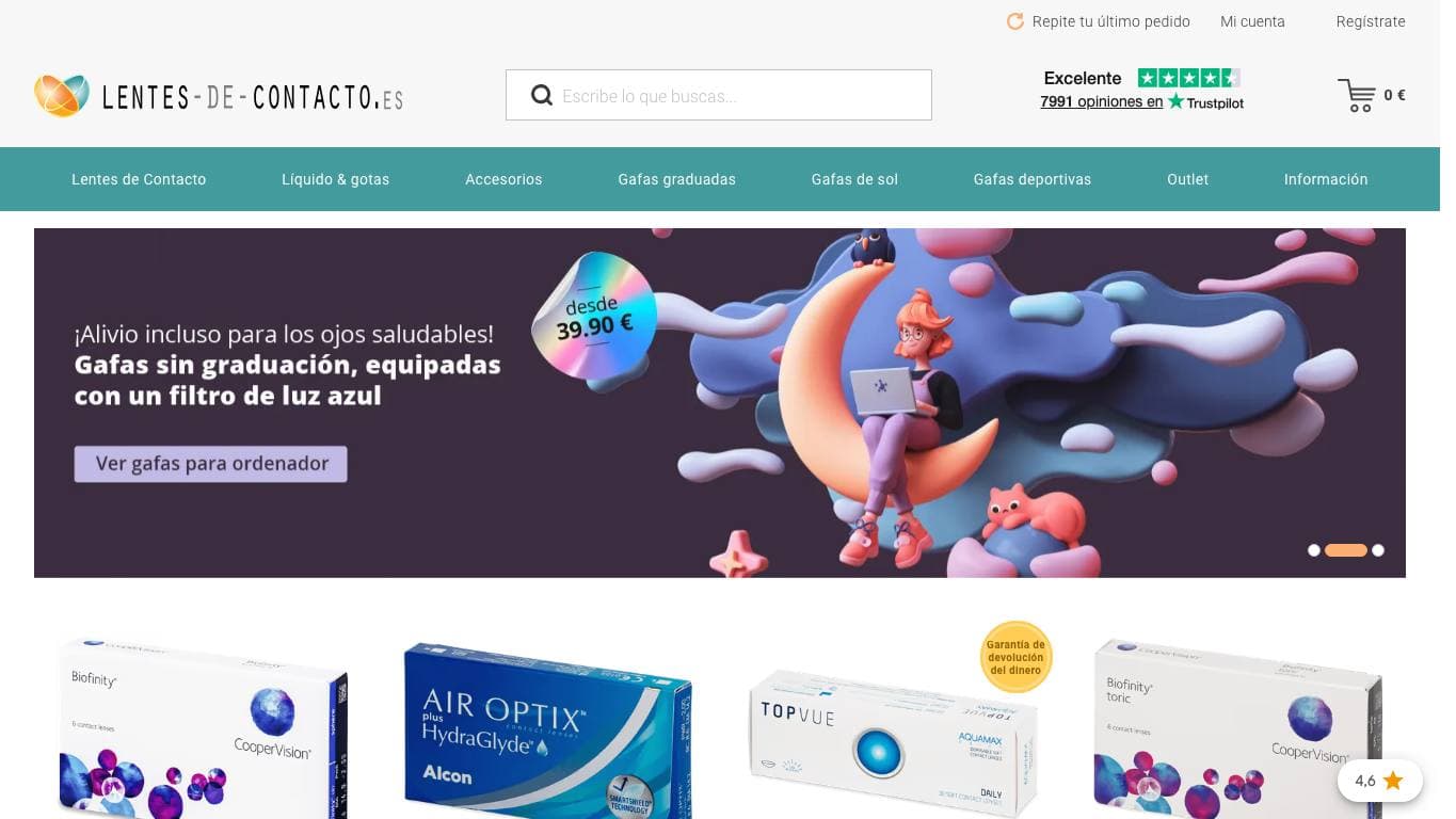 Captura de la home de Lentes-de-contacto.es, tienda online de lentillas incluida en la guía.