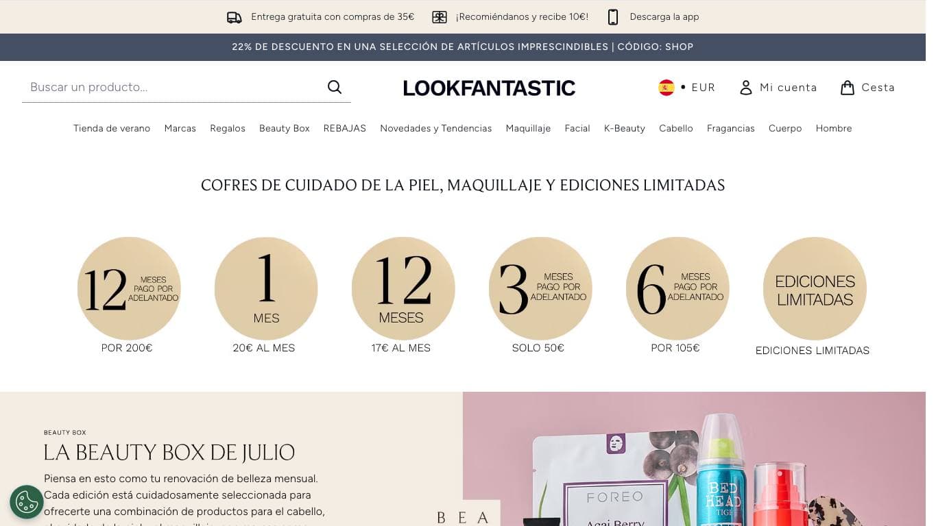 Captura de la home oficial de LOOKFANTASTIC Beauty Box