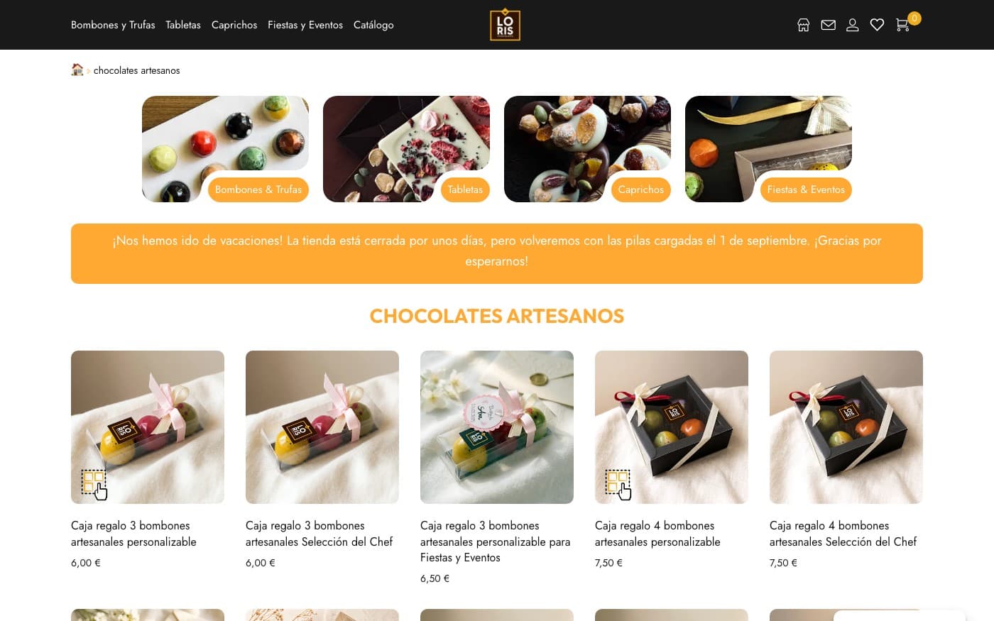 Captura limpia de la home oficial de Loris Chocolates.