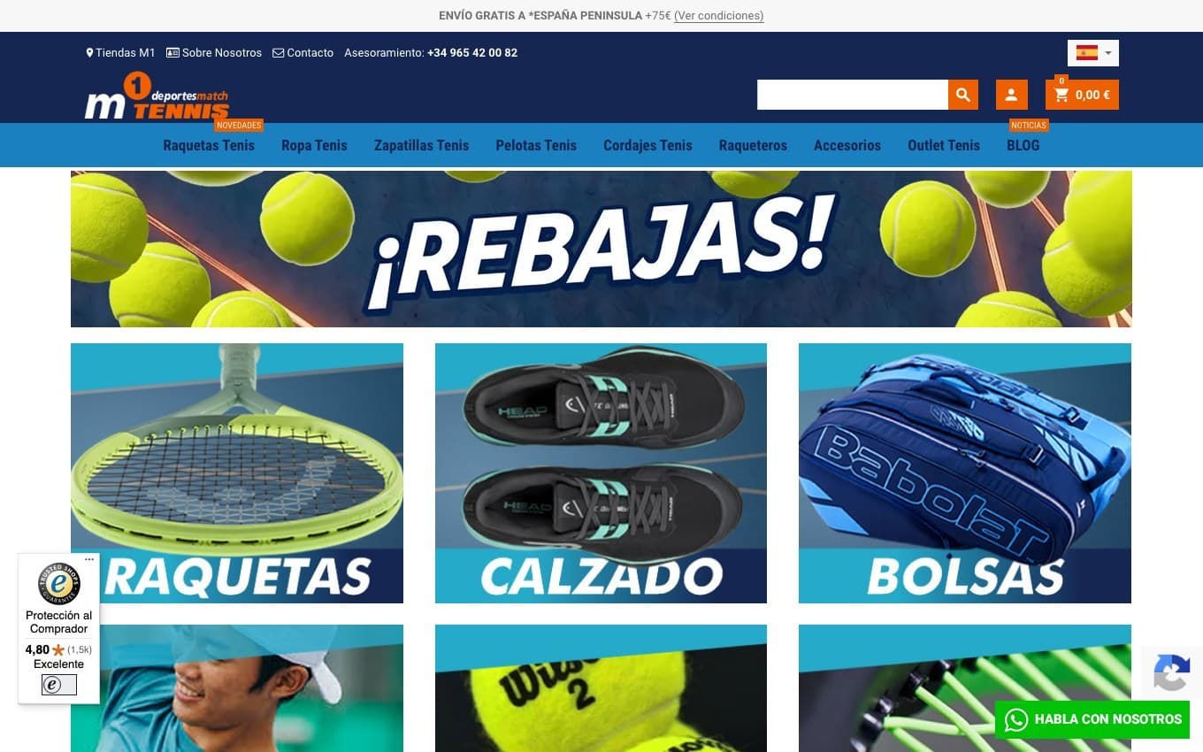 Captura de la página principal de M1 Tennis, tienda online de tenis.
