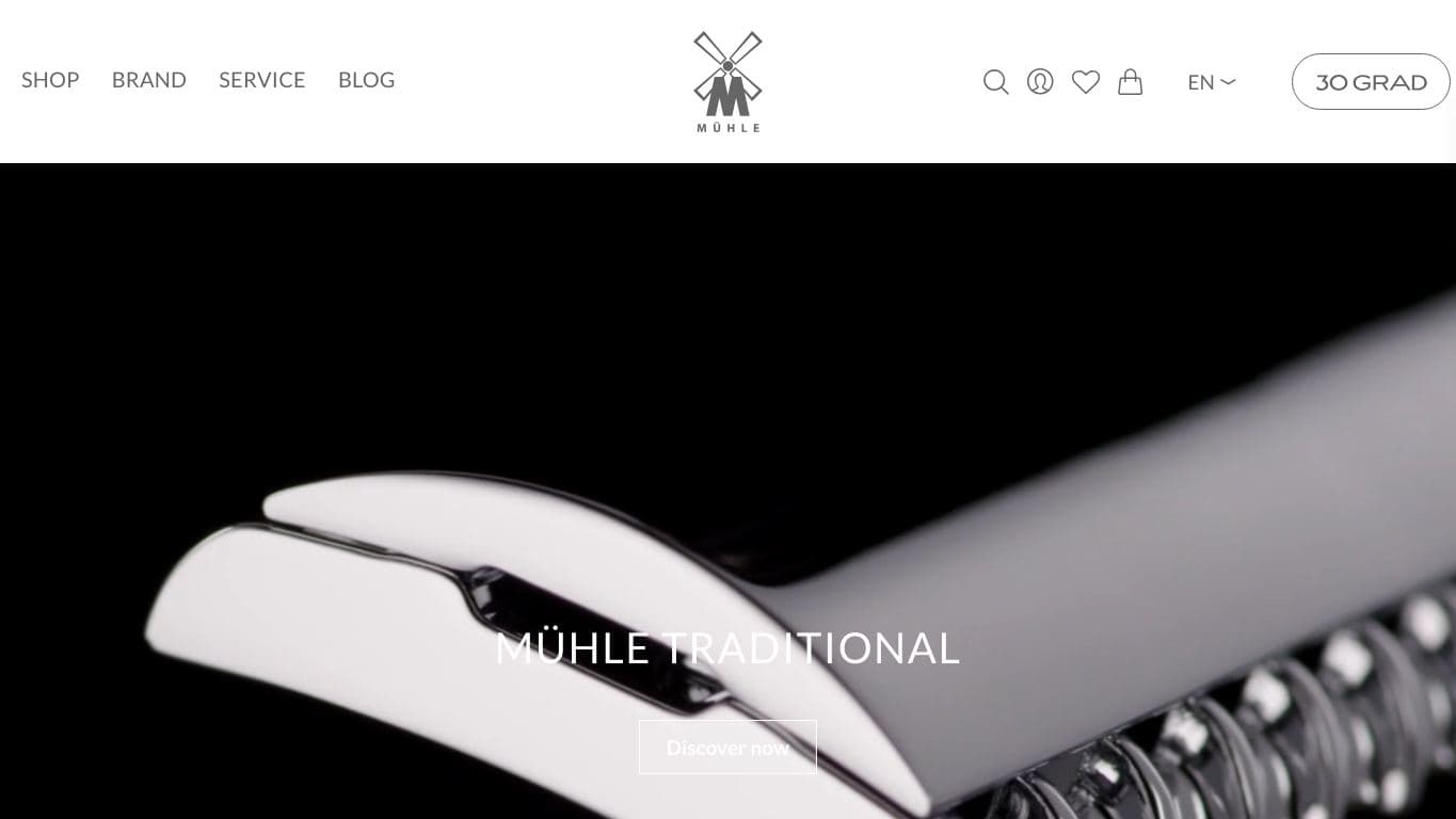 Captura de MÜHLE, tienda destacada en la guía de mejores tiendas de barbería online.