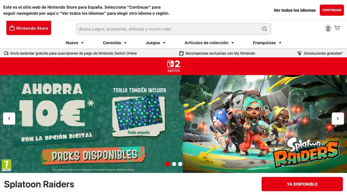 Captura de la home de Nintendo, tienda oficial de juegos y consolas familiares.