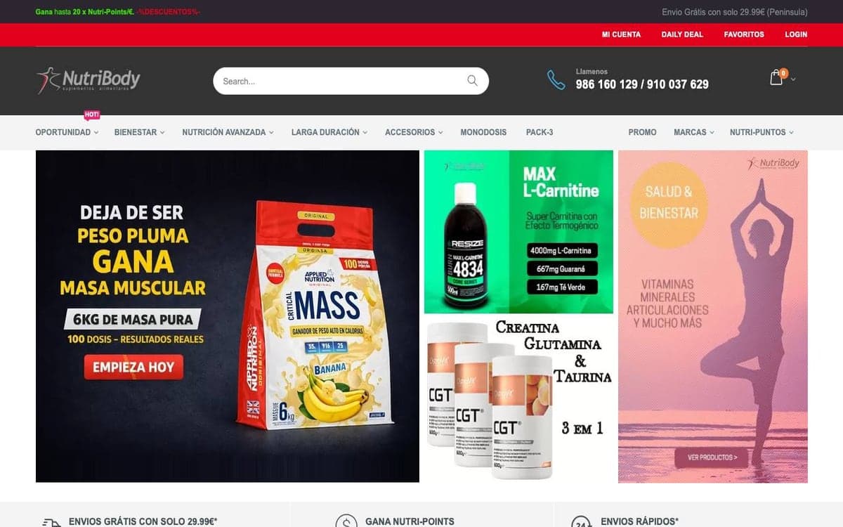 Captura de la home de NutriBody, tienda de proteína.