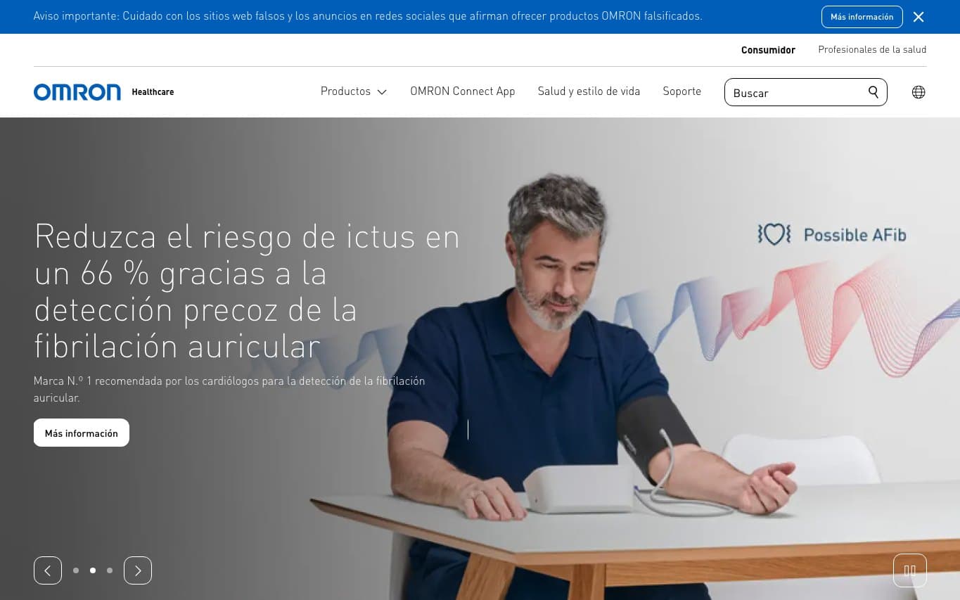 Captura oficial de OMRON Healthcare España, tienda de dispositivos de medición de salud.