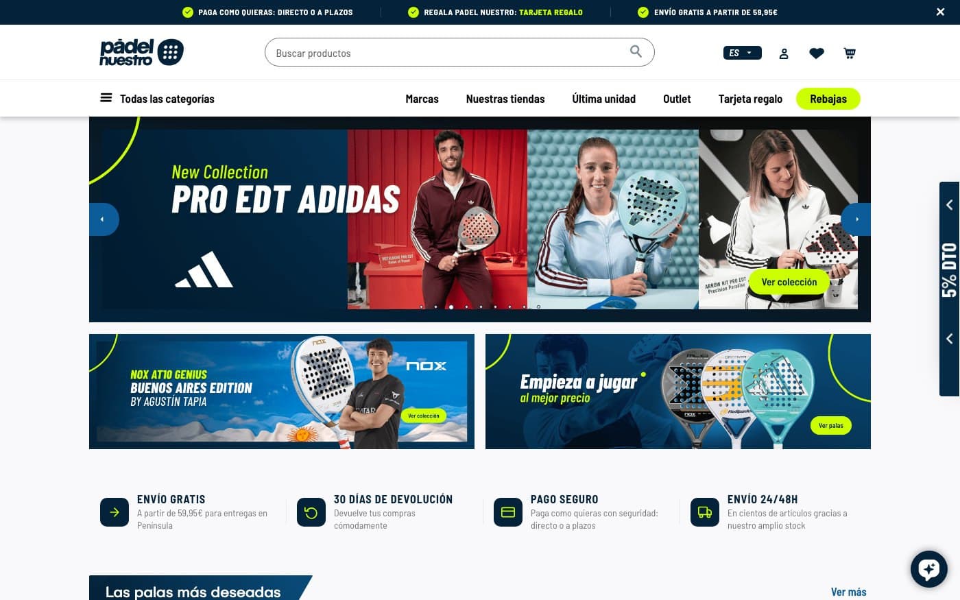 Captura de la home de Pádel Nuestro, tienda online de pádel