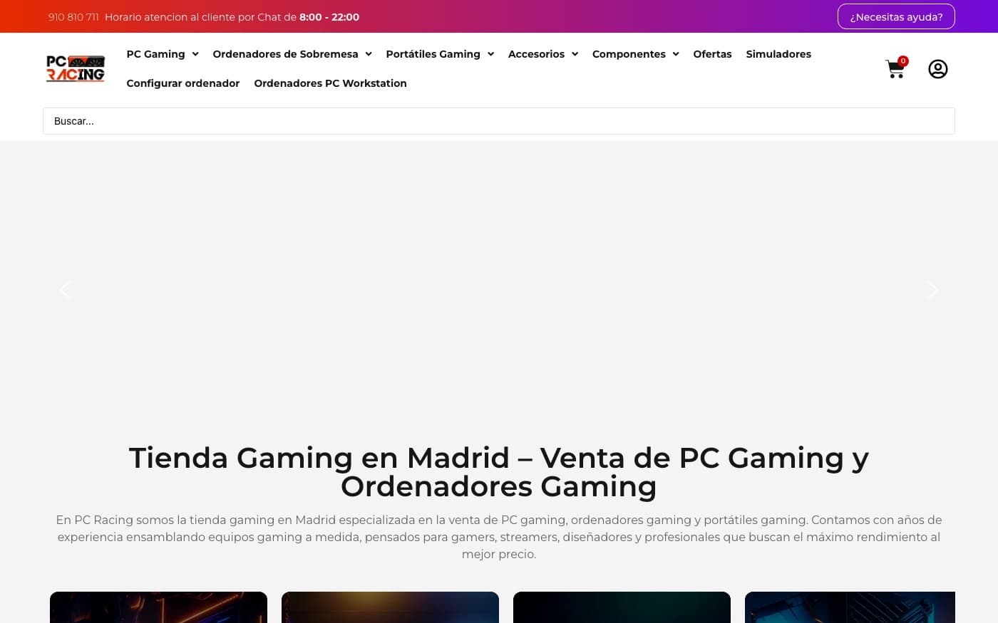 Captura limpia de la home oficial de PCRacing