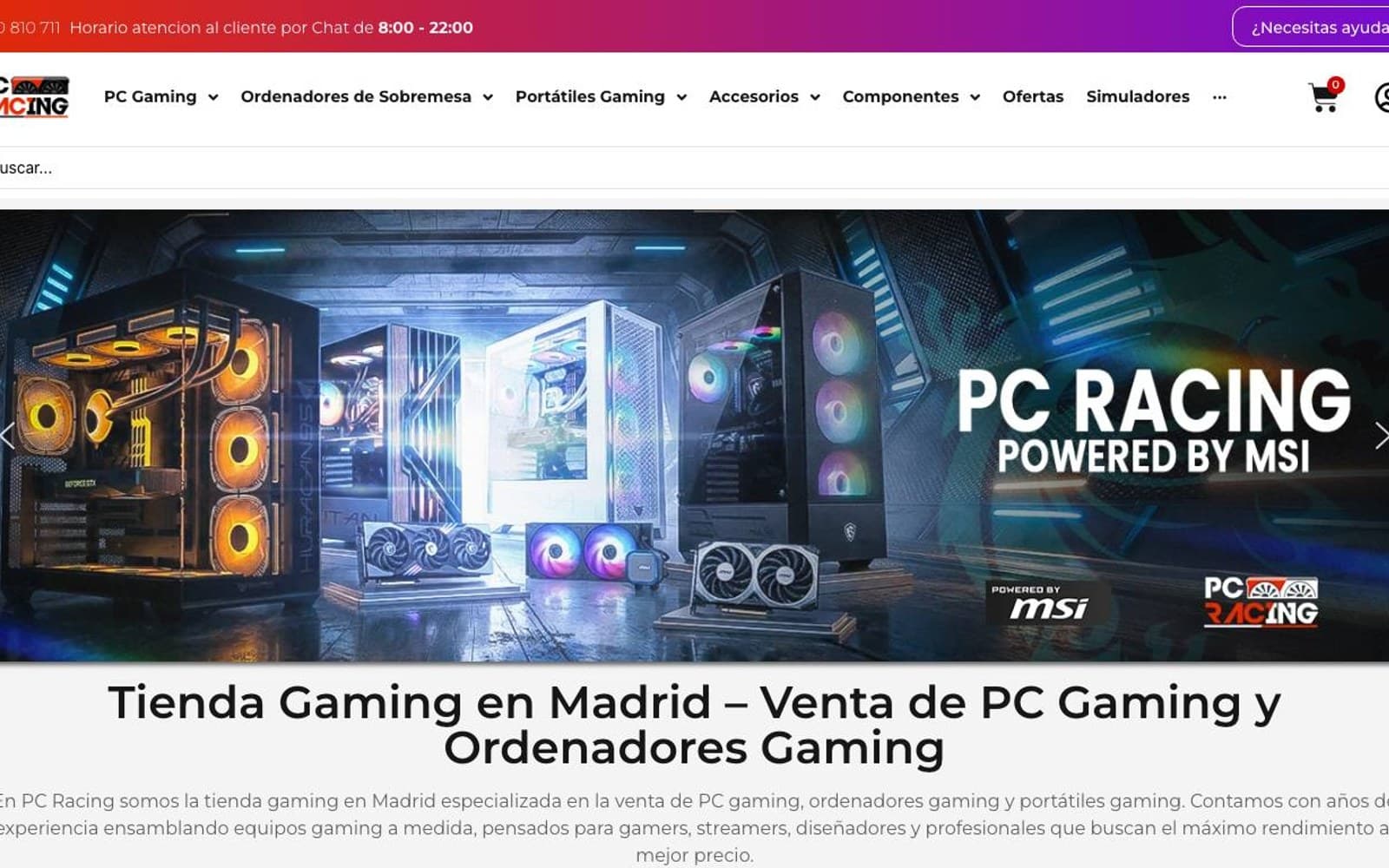 Captura limpia de la home de PCRacing.