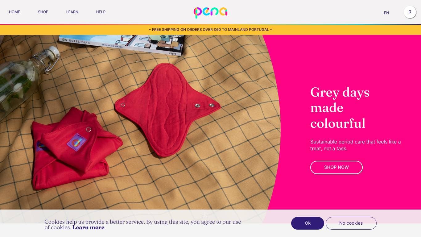 Captura de la home de Pena, tienda especializada en compresas reutilizables.