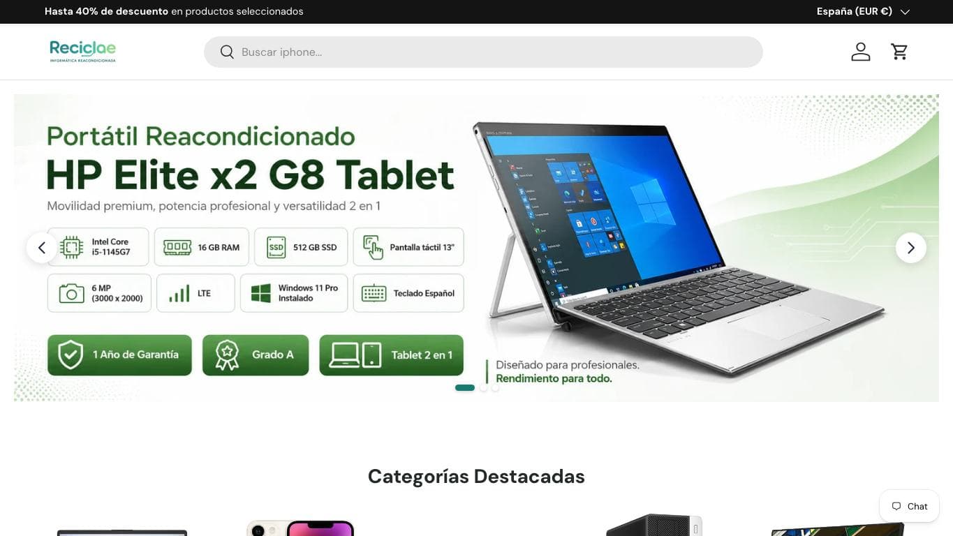 Captura limpia de la home de Reciclae, incluida en la guía de tiendas de reacondicionados.