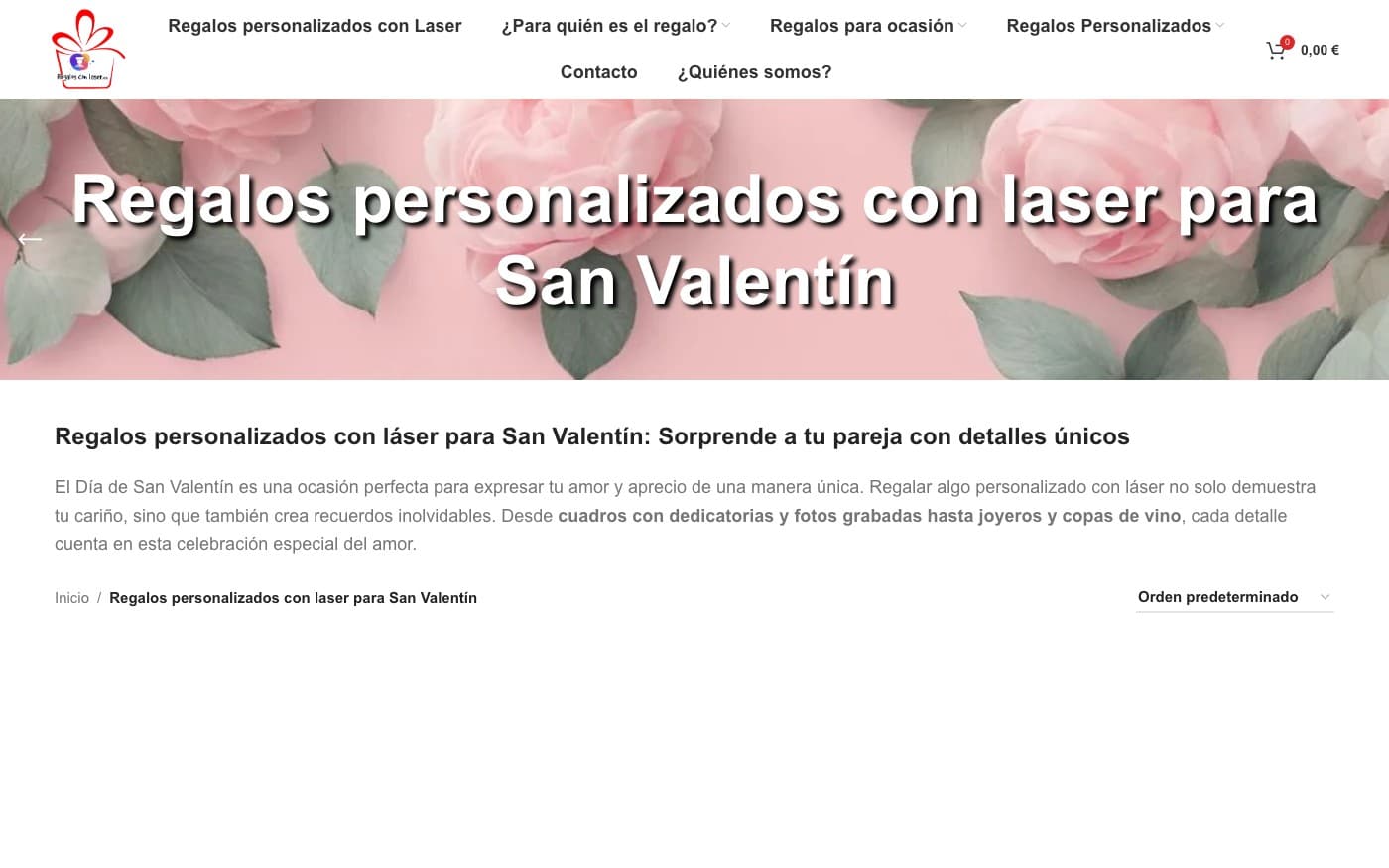 Captura limpia de la home de Regalos con Láser, incluida en la guía de San Valentín.