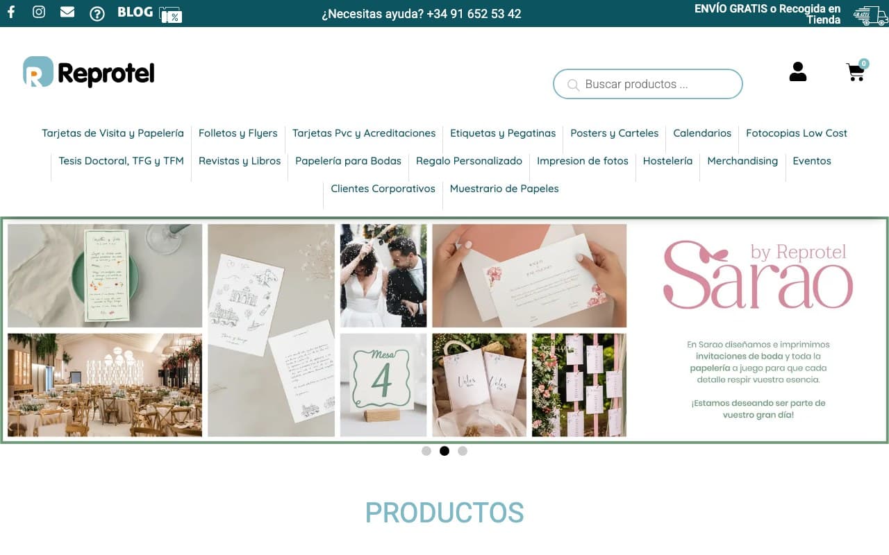 Captura limpia de la home oficial de Reprotel, imprenta online.