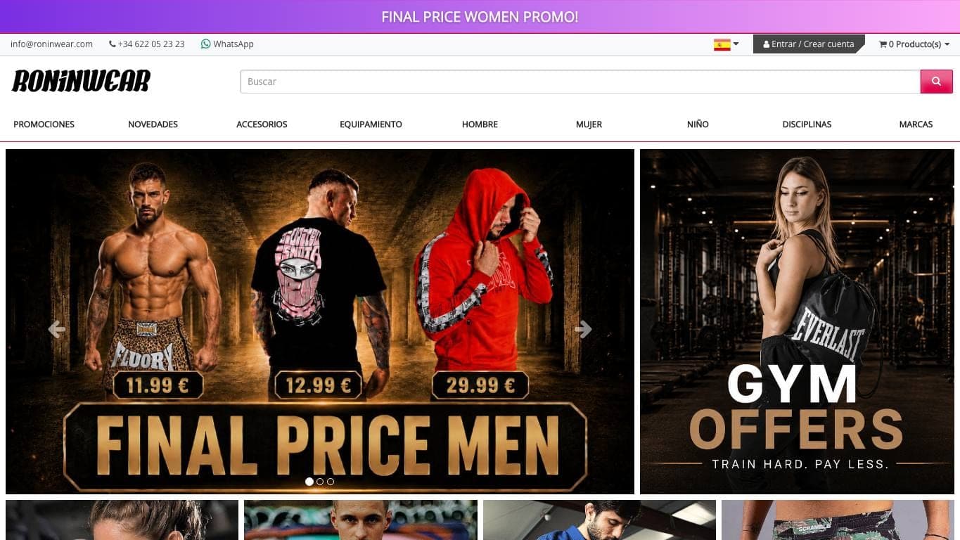 Página de inicio de Roninwear, tienda de material de artes marciales.