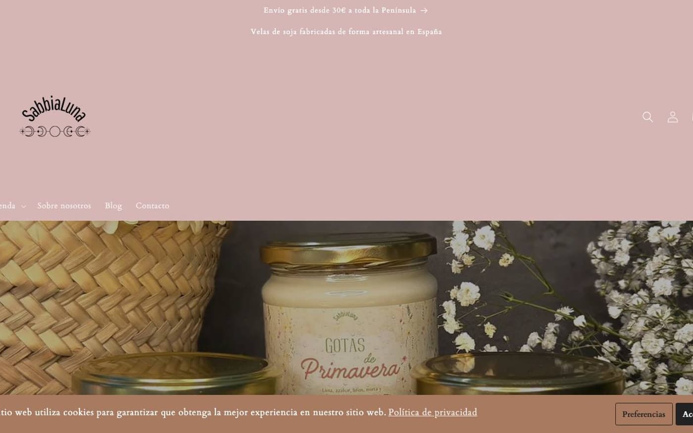 Captura de la home de SabbiaLuna, tienda de velas incluida en la guía.