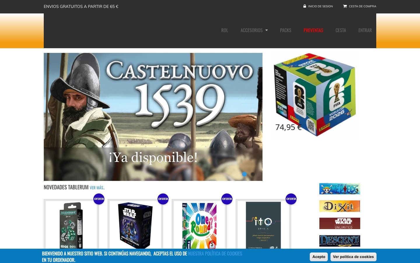 Captura limpia de la home de Tablerum, tienda de juegos de mesa con sección de preventas.