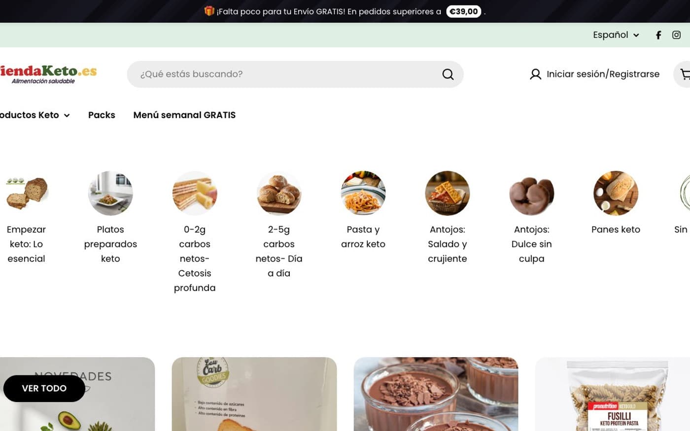 Captura de la home de Tienda Keto, tienda incluida en la guía de keto y fitness.