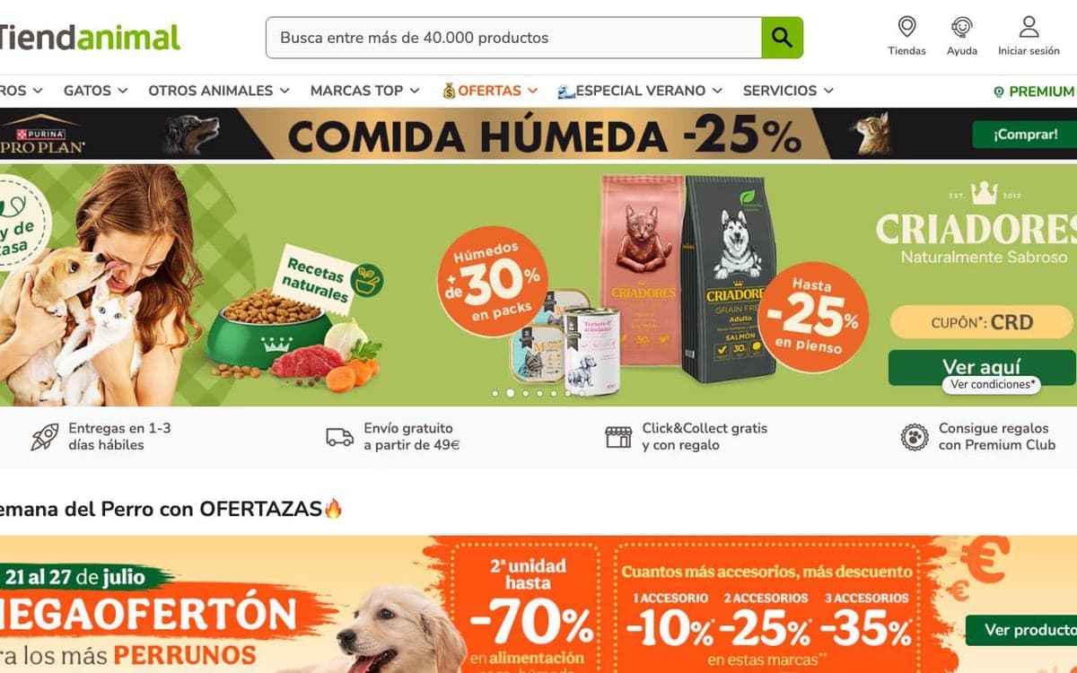 Captura de la home de Tiendanimal, tienda online de alimentación para mascotas.