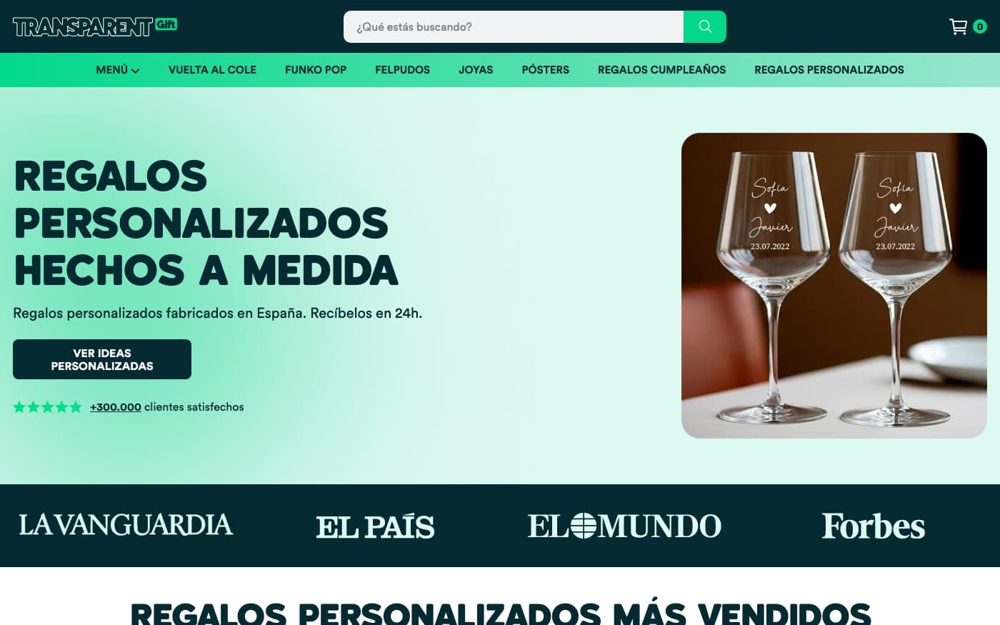 Captura limpia de la home de Transparent Gift, incluida en la guía del Día de la madre.